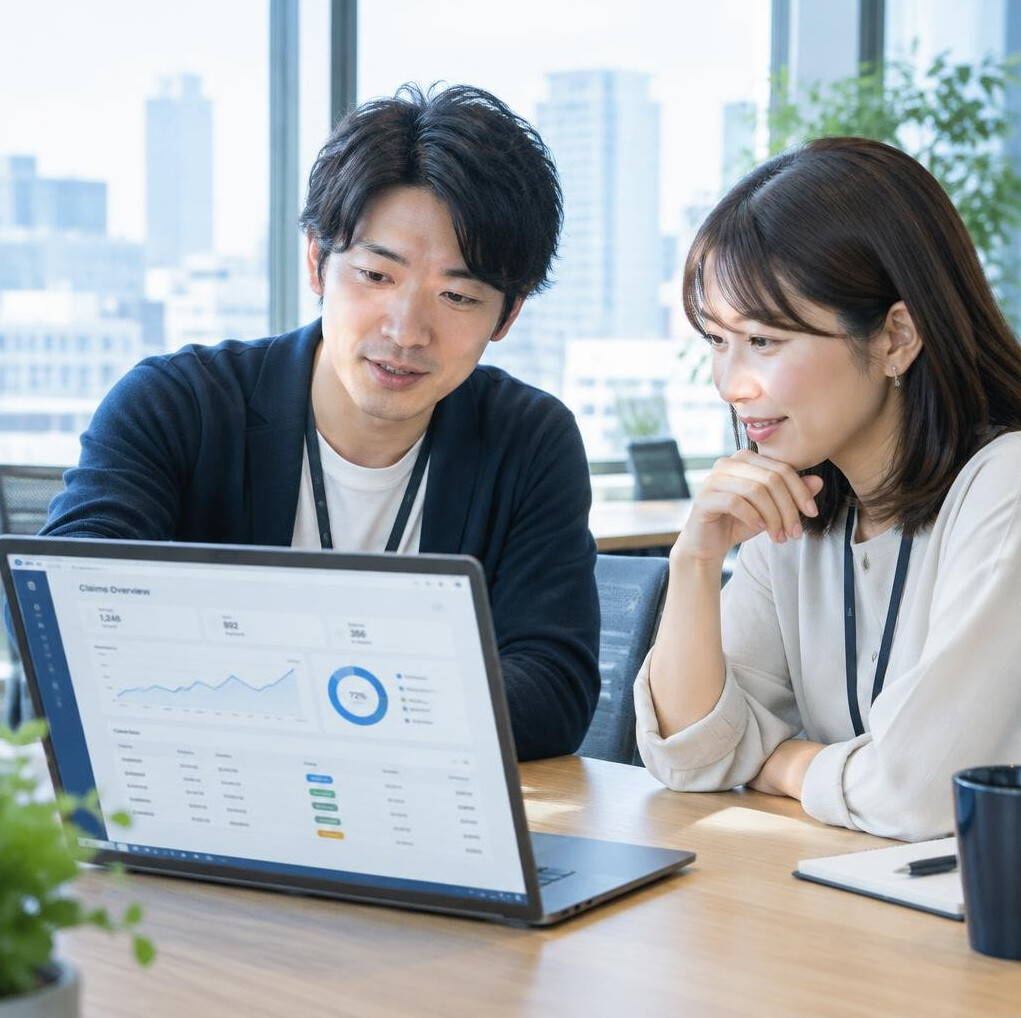 Software engineers reviewing an insurance claims system on a laptop in a bright office