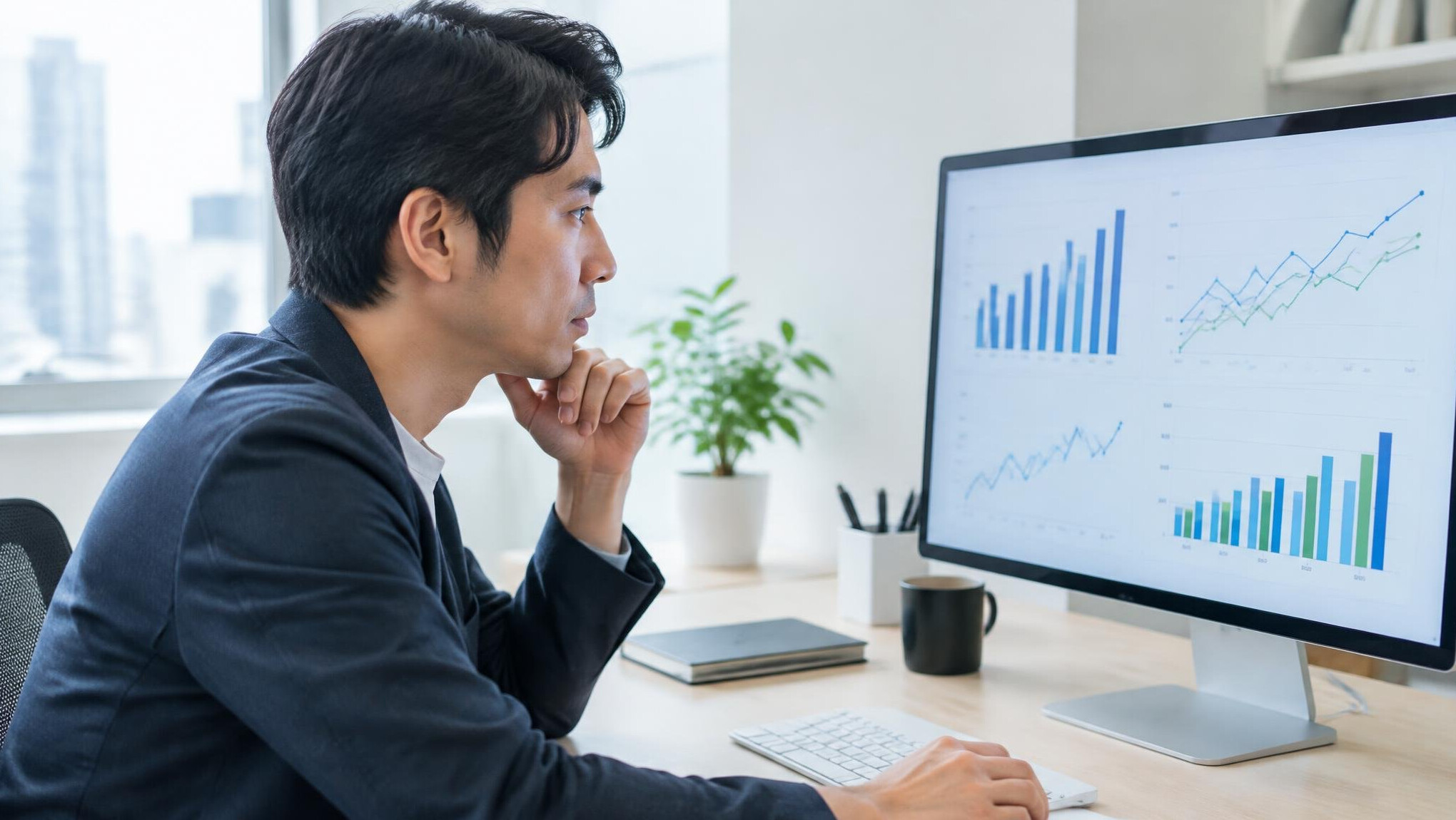 Person analyzing charts and graphs on a desktop computer screen