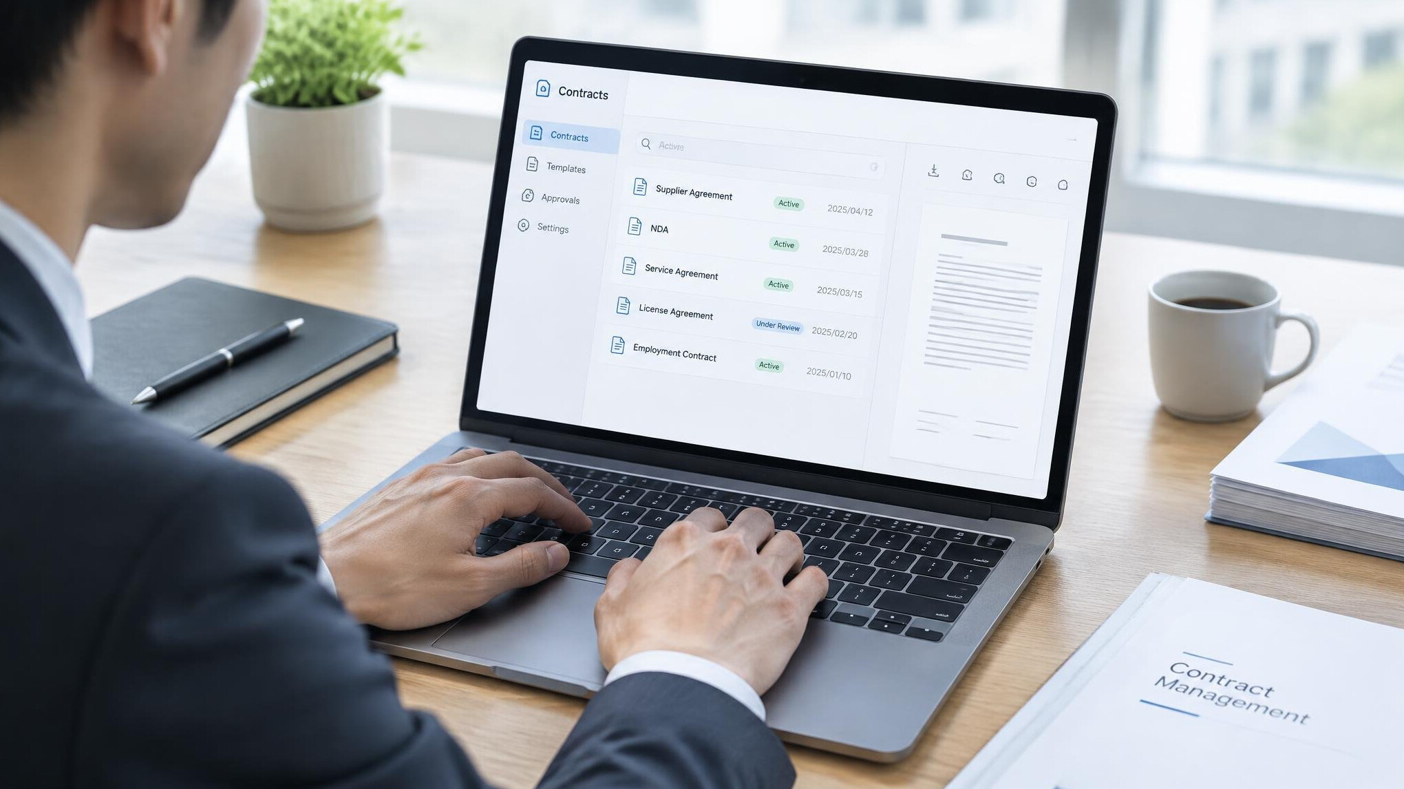 Close up of hands typing on a laptop displaying a contract management interface