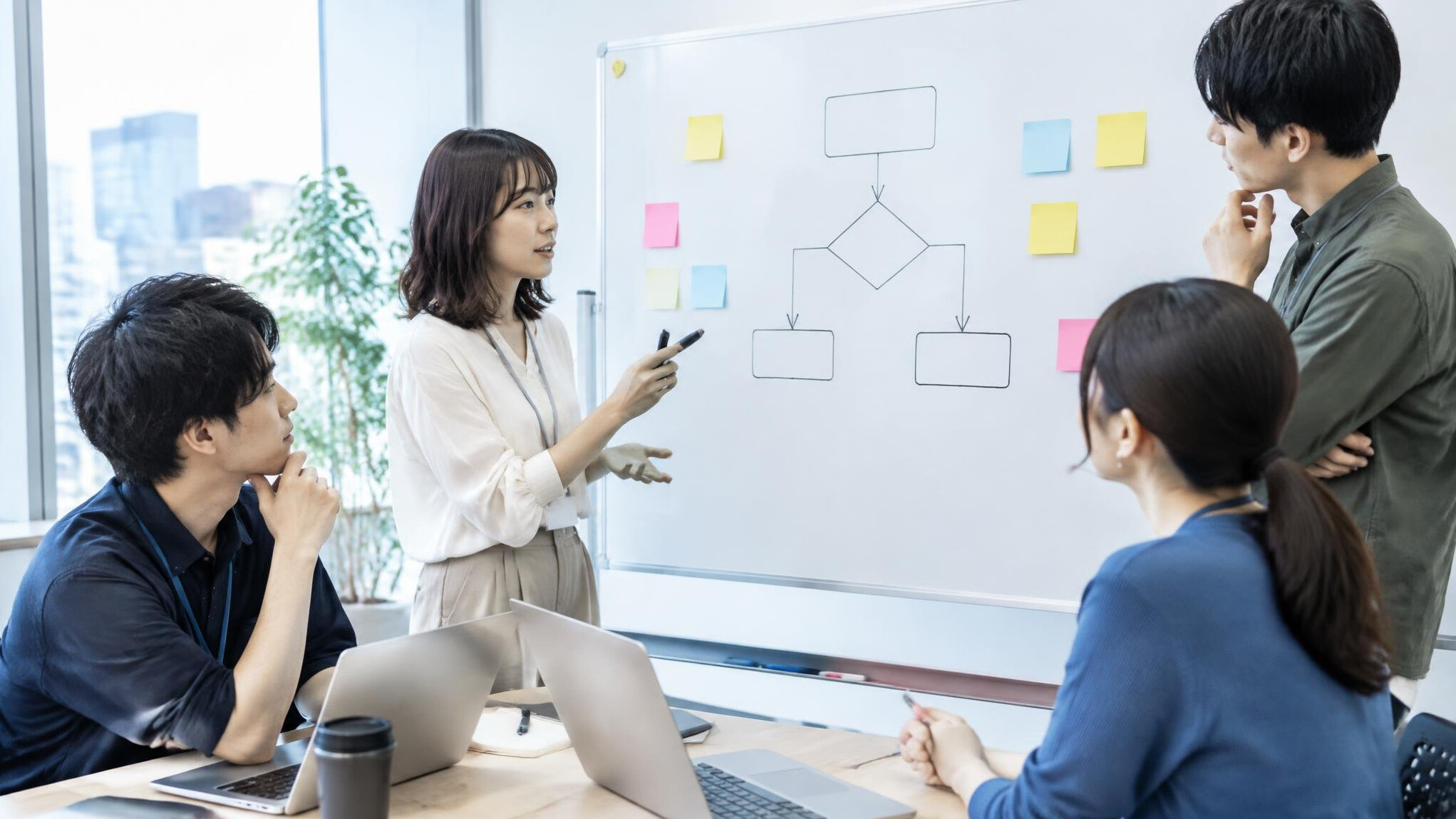 Development team having a whiteboard discussion in a bright meeting room