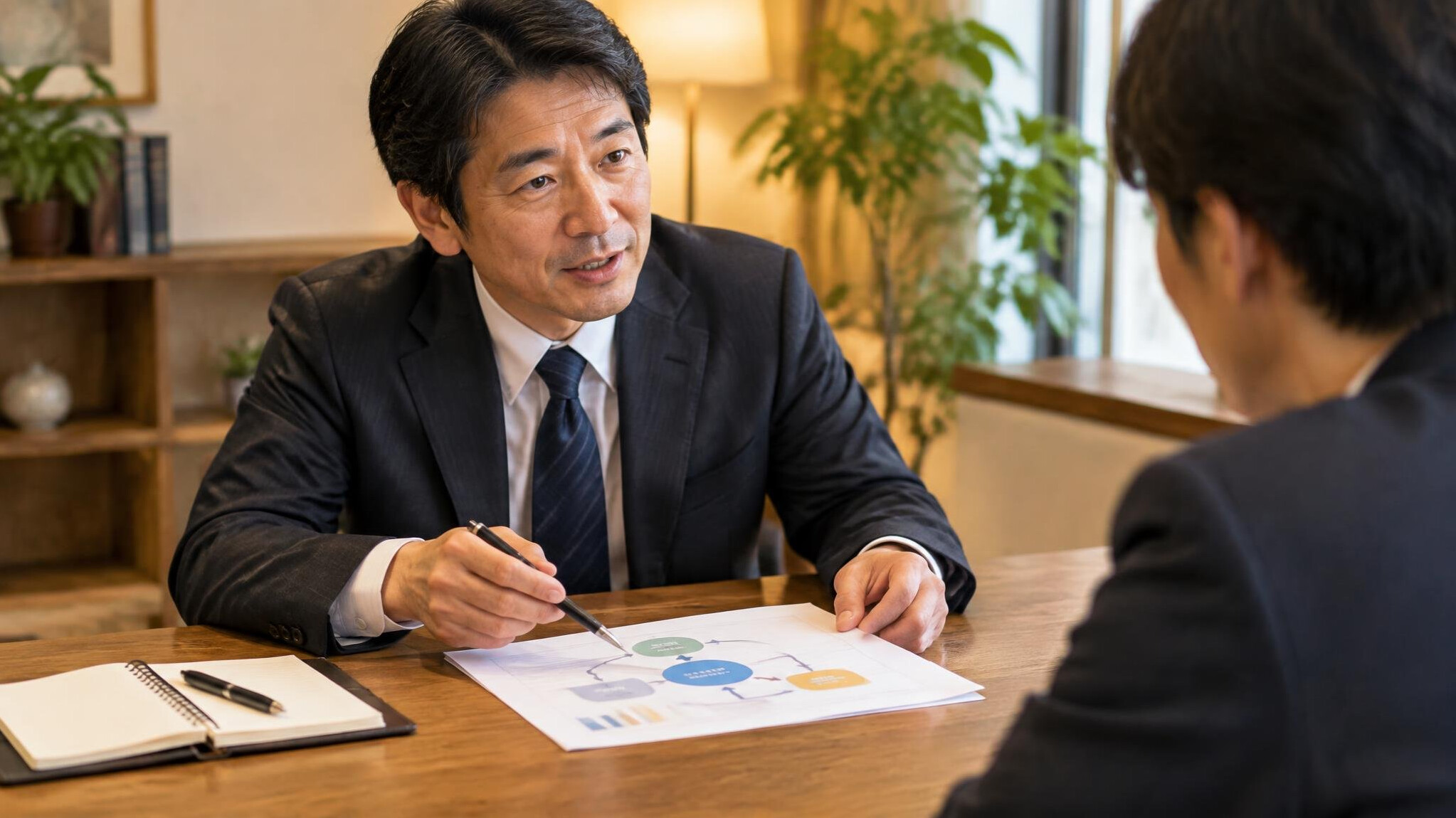 Consultant explaining a diagram to a client across a table