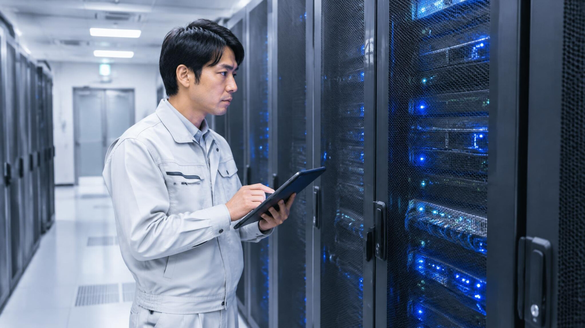 Technician checking server rack equipment in a data center