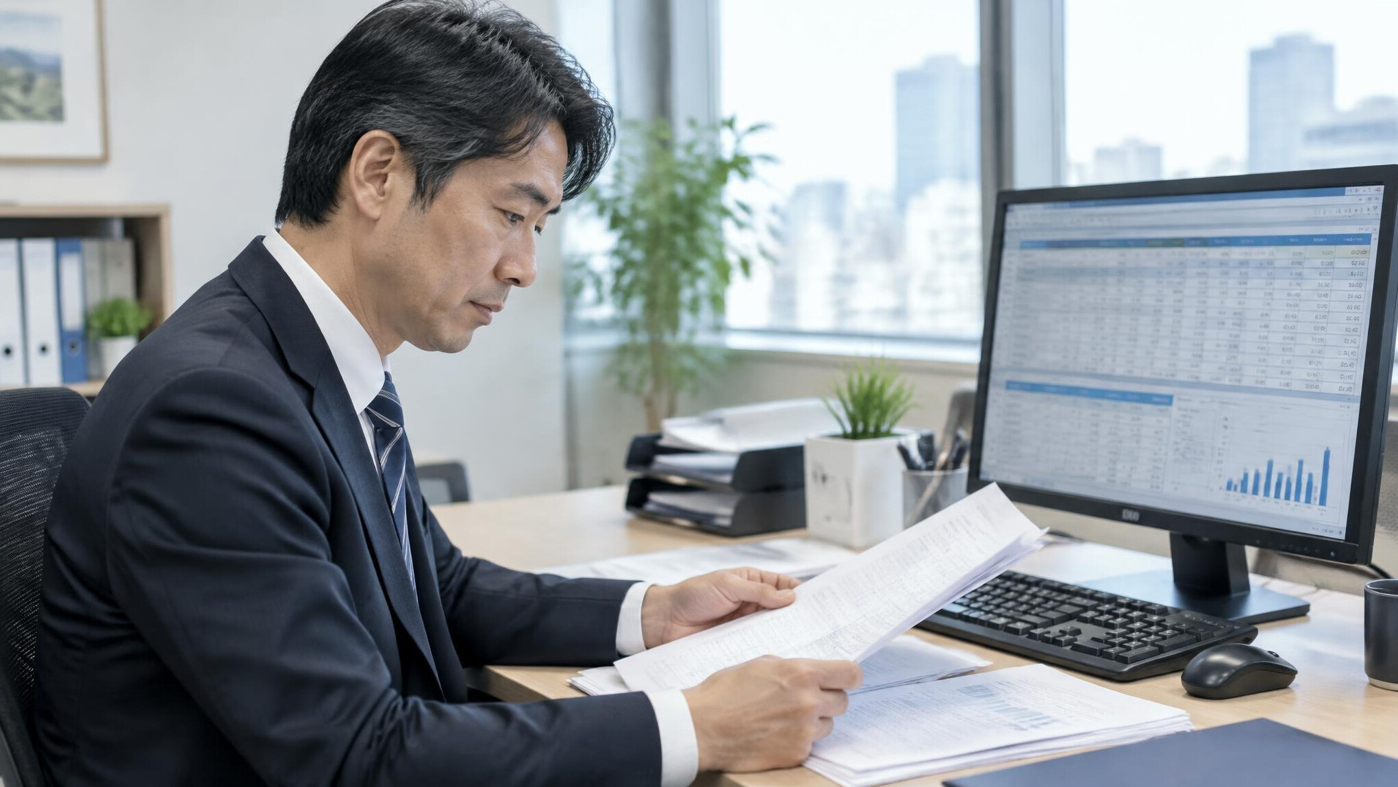 Office worker reviewing documents next to a computer monitor showing data tables