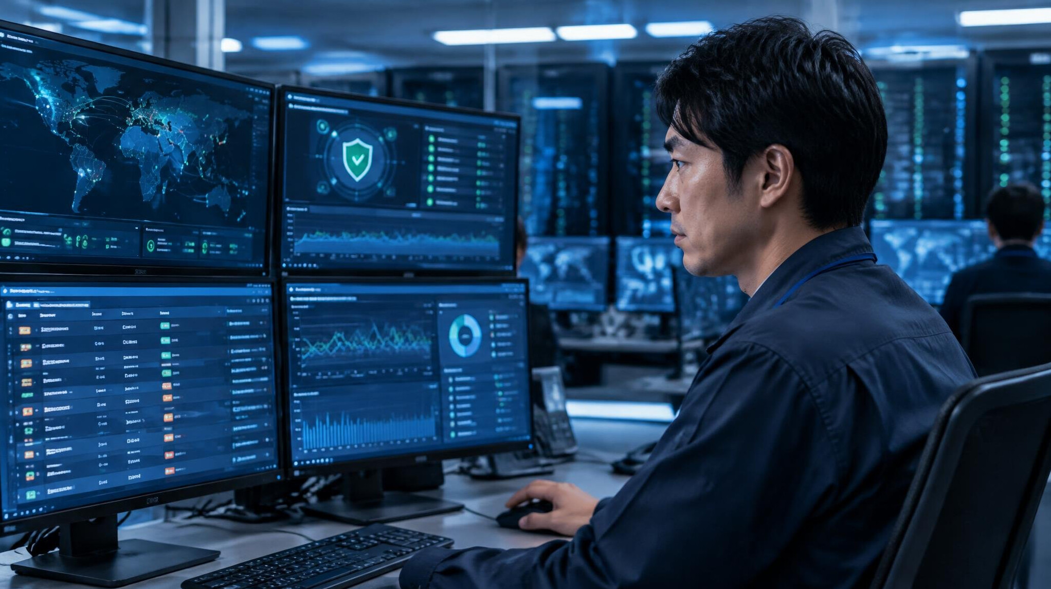 IT staff member monitoring server security status on multiple screens